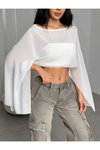Beyaz Crop Dökümlü Yarasa Kollu Tül Bluz