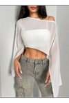Beyaz Crop Dökümlü Yarasa Kollu Tül Bluz