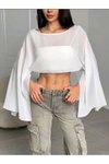 Beyaz Crop Dökümlü Yarasa Kollu Tül Bluz