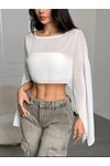 Beyaz Crop Dökümlü Yarasa Kollu Tül Bluz