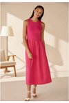 Long Flared A-line Linen-Look Dress - Fuchsia Pink