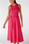 Fuşya Pembe Uzun Evaze Kloş Keten Görünümlü Kumaş Etekli Elbise