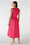 Fuşya Pembe Uzun Evaze Kloş Keten Görünümlü Kumaş Etekli Elbise