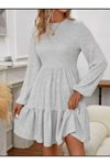Gri Salaş Uzun Kollu Volanlı Mini Elbise