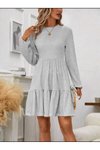 Gri Salaş Uzun Kollu Volanlı Mini Elbise