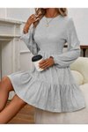 Gri Salaş Uzun Kollu Volanlı Mini Elbise