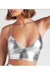 Gümüş Parlak Deri Görünümlü Seksi Dekolteli Büstiyer Etekli İkili Abiye Takım