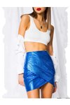 Mavi Mini Yüksek Bel Asimetrik Metalik Deri Etek
