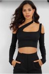 Siyah Asimetrik Crop Uzun Kollu Omuz Ve Göğüs Detay Cutout Parmak Geçme Bluz