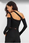 Siyah Asimetrik Crop Uzun Kollu Omuz Ve Göğüs Detay Cutout Parmak Geçme Bluz