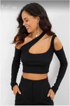 Siyah Asimetrik Crop Uzun Kollu Omuz Ve Göğüs Detay Cutout Parmak Geçme Bluz
