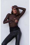 Siyah Balıkçı Yaka Bodycon Likralı Tüllü Parmak Geçmeli Bluz