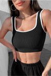 Strappy Crop Square-Neck Piped Tank Top - Black and White