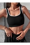 Siyah Beyaz Biyeli Kare Yaka Askılı Crop Atlet