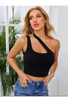 Siyah Crop Cool Çapraz Askılı Asimetrik Yaka Bluz