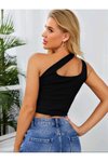 Siyah Crop Cool Çapraz Askılı Asimetrik Yaka Bluz