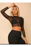 Siyah Crop Transparan Tül Bisiklet Yaka Bluz