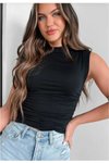 Siyah Likralı Atlet Dikişsiz Balıkçı Yaka Yanları Büzgülü Bluz