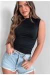 Siyah Likralı Atlet Dikişsiz Balıkçı Yaka Yanları Büzgülü Bluz