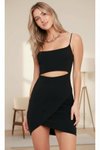 Siyah Mini Bodycon Asimetrik Anvelop Etekli Askılı Göbek Detaylı Elbise