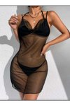 Siyah Mini Plaj Tül Mesh Elbisesi