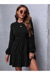 Siyah Mini Salaş Bohem Uzun Kollu Volanlı Elbise