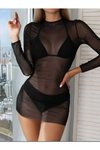 Siyah Mini Süper Bodycon Likralı Tül Pareo Elbisesi