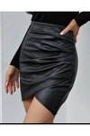 Siyah Mini Yüksek Bel Anvelop Asimetrik Deri Etek