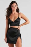 Siyah Parlak Kumaş Deri Görünümlü Seksi Büstiyer Etek İkili Takım