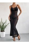 Siyah Uzun Bodycon Likralı Tül Ayarlanabilir Askılı Plaj Elbise