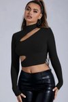 Siyah Uzun Kol Asimetrik Dekolteli Crop Top