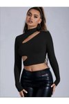 Siyah Uzun Kol Asimetrik Dekolteli Crop Top