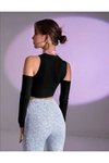 Siyah Uzun Kollu Asimetrik Cutout Detay Crop Bluz
