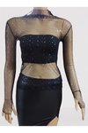 Siyahtaş Puantiye Balıkçı Yaka Bodycon Parlak Tüllü Parmak Geçmeli Likralı Bluz