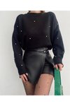 Siyah Mini Düğme Detaylı Deri Şort Etek