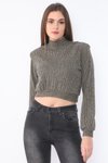 Kahve Crop Geniş Kesim Uzun Kollu Vatkalı Kalın Fitilli Yarım Balıkçı Yaka Sweatshirt