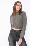 Kahve Crop Geniş Kesim Uzun Kollu Vatkalı Kalın Fitilli Yarım Balıkçı Yaka Sweatshirt