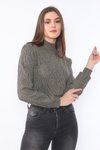 Kahve Crop Geniş Kesim Uzun Kollu Vatkalı Kalın Fitilli Yarım Balıkçı Yaka Sweatshirt