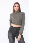 Kahve Crop Geniş Kesim Uzun Kollu Vatkalı Kalın Fitilli Yarım Balıkçı Yaka Sweatshirt