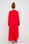 Kırmızı Uzun Kol İtalyan V Yaka Keten Elbise