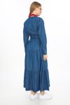 Mavi Uzun Kol Önden Düğmeli Cepli Kemerli Tesettür Elbise