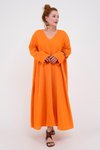 Oranj Keten İtalyan Uzun Kol V Yaka Elbise