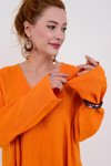 Oranj Keten İtalyan Uzun Kol V Yaka Elbise