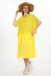 Sarı Astarlı İtalyan Müslin Keteni Üstü File Bluz Detaylı Midi Tek Parça Elbise