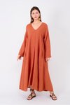 Long Sleeve Italian Linen V-Neck Dress - Cinnamon