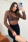 Kahverengi Leopar Desenli Uzun Kollu Transparan Body &amp; Bodysuit