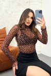 Kahverengi Leopar Desenli Uzun Kollu Transparan Body &amp; Bodysuit