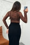 Kahverengi Leopar Desenli Uzun Kollu Transparan Body &amp; Bodysuit