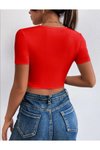Kırmızı Kısa Kollu Göğüs Dekolteli Tül Detaylı Crop Top