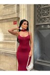 Bordo Long Balık Bandana Detaylı Abiye Elbise